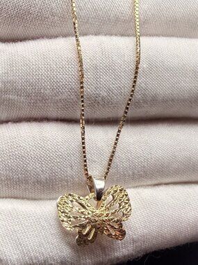 14K Two Tone Gold Butterfly Pendant With 0.8mm Box Chain - 20 inch